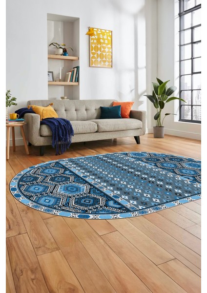 Dijital Kaymaz Yıkanabilir Şık Etnik Desenli Oval Yolluk Mutfak Salon Halısı, O-Etnik-13-Mavi, fiyatları