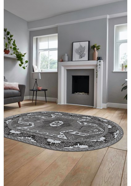 Şık Etnik Desenli Dijital Kaymaz Yıkanabilir Oval Yolluk Mutfak Salon Halısı, O-Etnik-10-Gri,
