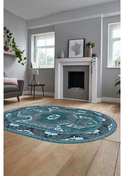 Şık Etnik Desenli Dijital Kaymaz Yıkanabilir Oval Yolluk Mutfak Salon Halısı, O-Etnik-10-Mavi,