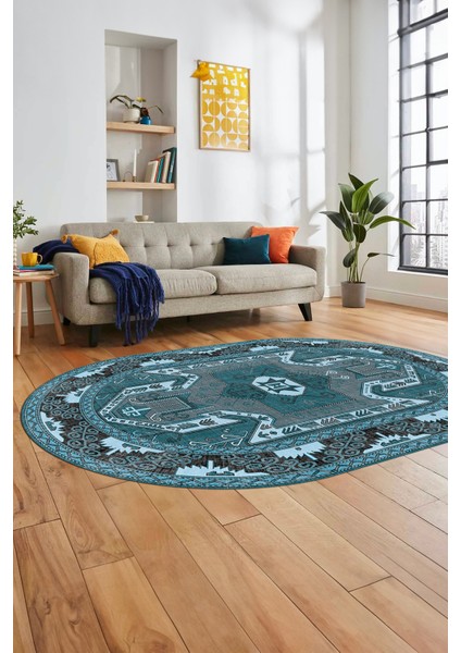 Şık Etnik Desenli Dijital Kaymaz Yıkanabilir Oval Yolluk Mutfak Salon Halısı, O-Etnik-10-Mavi, modelleri