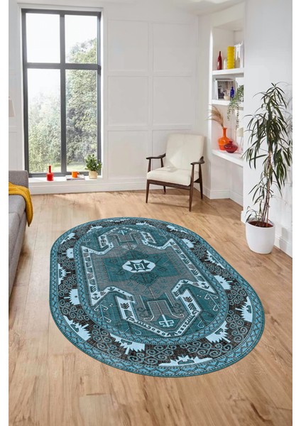Şık Etnik Desenli Dijital Kaymaz Yıkanabilir Oval Yolluk Mutfak Salon Halısı, O-Etnik-10-Mavi, fırsatları