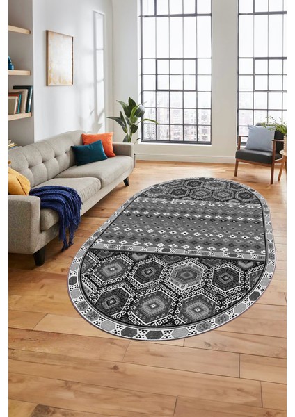 Dijital Kaymaz Yıkanabilir Şık Etnik Desenli Oval Yolluk Mutfak Salon Halısı, O-Etnik-13-Gri,