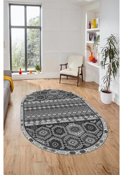 Dijital Kaymaz Yıkanabilir Şık Etnik Desenli Oval Yolluk Mutfak Salon Halısı, O-Etnik-13-Gri, modelleri