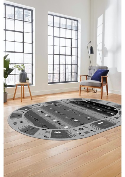 Dijital Kaymaz Yıkanabilir Motifli Etnik Desen Oval Yolluk Mutfak Salon Halısı, O-Etnik-15-Antrasit, indirimleri