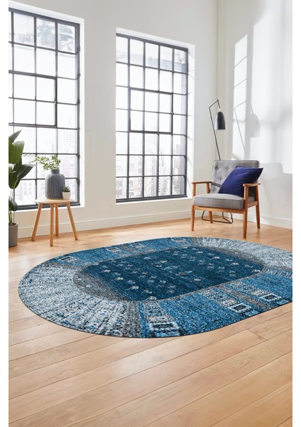 Dijital Kaymaz Yıkanabilir Yeni Etnik Desen Oval Yolluk Mutfak Salon Halısı, O-Etnik-16-Mavi, fırsatları