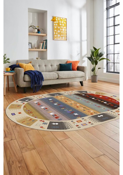 Dijital Kaymaz Yıkanabilir Motifli Etnik Desen Oval Yolluk Mutfak Salon Halısı, O-Etnik-15-Renkli,