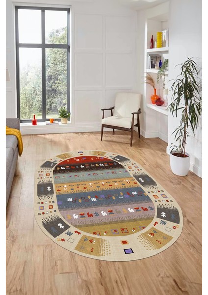 Dijital Kaymaz Yıkanabilir Motifli Etnik Desen Oval Yolluk Mutfak Salon Halısı, O-Etnik-15-Renkli, fiyatları