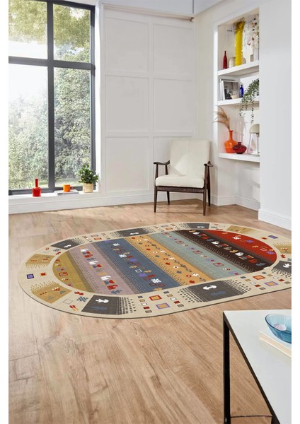 Dijital Kaymaz Yıkanabilir Motifli Etnik Desen Oval Yolluk Mutfak Salon Halısı, O-Etnik-15-Renkli, modelleri