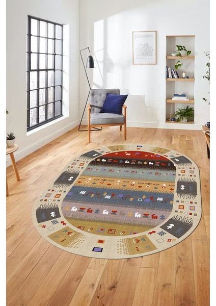 Dijital Kaymaz Yıkanabilir Motifli Etnik Desen Oval Yolluk Mutfak Salon Halısı, O-Etnik-15-Renkli, fırsatları
