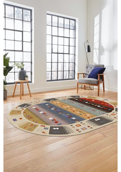 Dijital Kaymaz Yıkanabilir Motifli Etnik Desen Oval Yolluk Mutfak Salon Halısı, O-Etnik-15-Renkli, indirimleri