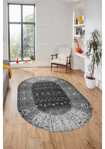 Dijital Kaymaz Yıkanabilir Yeni Etnik Desen Oval Yolluk Mutfak Salon Halısı, O-Etnik-16-Gri,