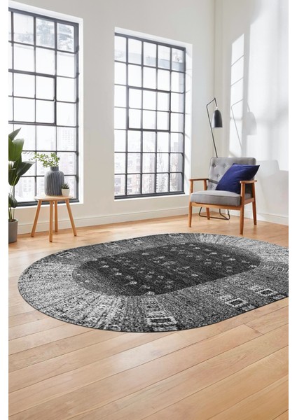 Dijital Kaymaz Yıkanabilir Yeni Etnik Desen Oval Yolluk Mutfak Salon Halısı, O-Etnik-16-Gri, fırsatları