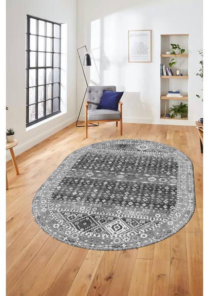 Yeni Tasarım Etnik Desenli Yıkanabilir Oval Yolluk Mutfak Salon Koridor Halısı, O-Etnik-17-Gri, modelleri
