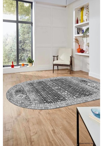 Yeni Tasarım Etnik Desenli Yıkanabilir Oval Yolluk Mutfak Salon Koridor Halısı, O-Etnik-17-Gri, fiyatları