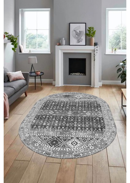Yeni Tasarım Etnik Desenli Yıkanabilir Oval Yolluk Mutfak Salon Koridor Halısı, O-Etnik-17-Gri, indirimleri