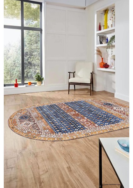 Yeni Tasarım Etnik Desenli Yıkanabilir Oval Yolluk Mutfak Salon Koridor Halısı, O-Etnik-17-Renkli,