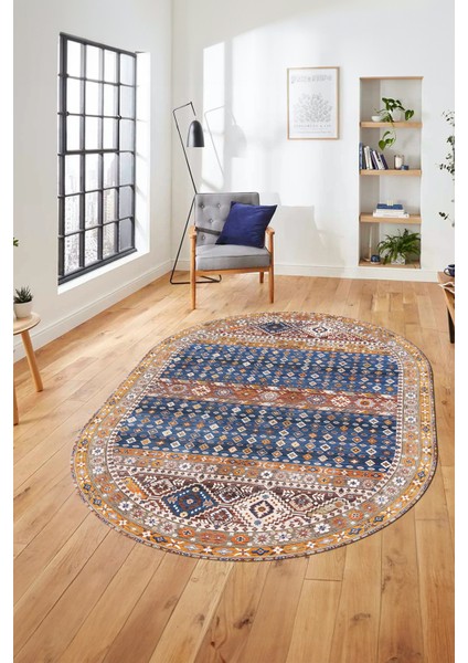 Yeni Tasarım Etnik Desenli Yıkanabilir Oval Yolluk Mutfak Salon Koridor Halısı, O-Etnik-17-Renkli,