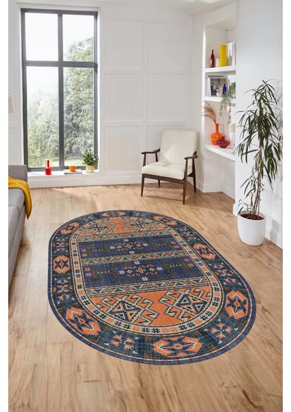 Dijital Baskılı Kaymaz Yıkanabilir Etnik Desen Oval Yolluk Mutfak Salon Halısı, O-Etnik-11-Lacivert, modelleri