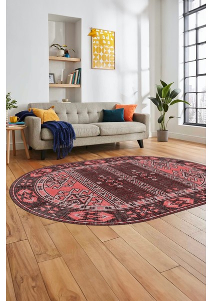 Dijital Baskılı Kaymaz Yıkanabilir Etnik Desen Oval Yolluk Mutfak Salon Halısı, O-Etnik-11-Pembe, fiyatları