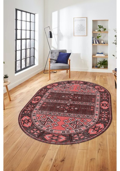 Dijital Baskılı Kaymaz Yıkanabilir Etnik Desen Oval Yolluk Mutfak Salon Halısı, O-Etnik-11-Pembe, indirimleri