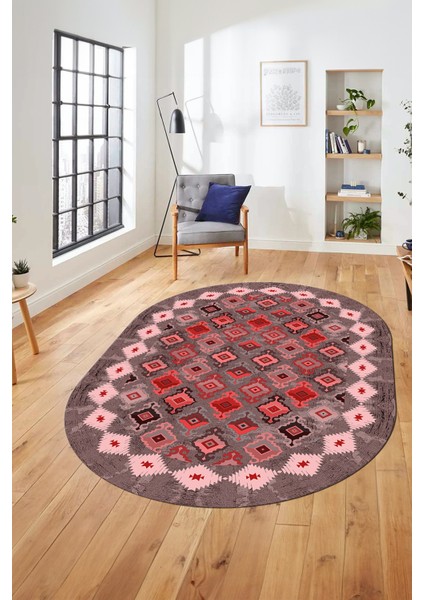 Sade Etnik Desen Kaymaz Yıkanabilir Oval Yolluk Mutfak Salon Koridor Halısı, O-Etnik-19-Kırmızı, fiyatları