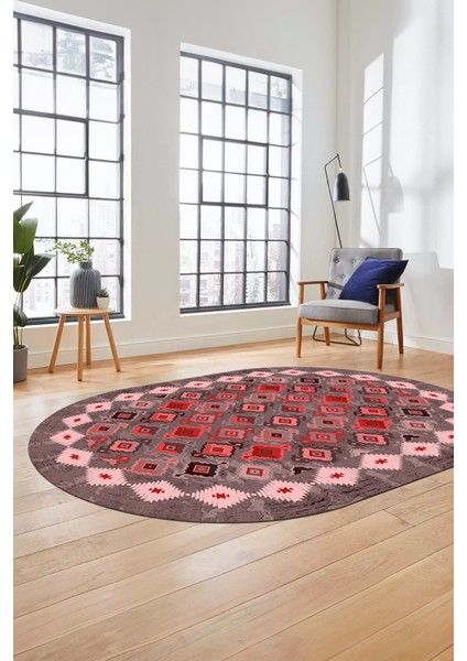 Sade Etnik Desen Kaymaz Yıkanabilir Oval Yolluk Mutfak Salon Koridor Halısı, O-Etnik-19-Kırmızı, modelleri