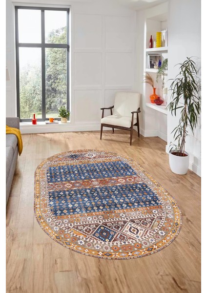 Yeni Tasarım Etnik Desenli Yıkanabilir Oval Yolluk Mutfak Salon Koridor Halısı, O-Etnik-17-Renkli,