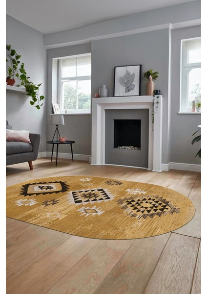 Dijital Baskılı Kaymaz Yıkanabilir Etnik Desenli Oval Mutfak Salon Halısı, O-Etnik-01-Kahve, fırsatları