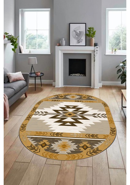 Etnik Desenli Dijital Baskılı Kaymaz Yıkanabilir Oval Yolluk Mutfak Salon Halısı, O-Etnik-05-Kahve, fiyatları