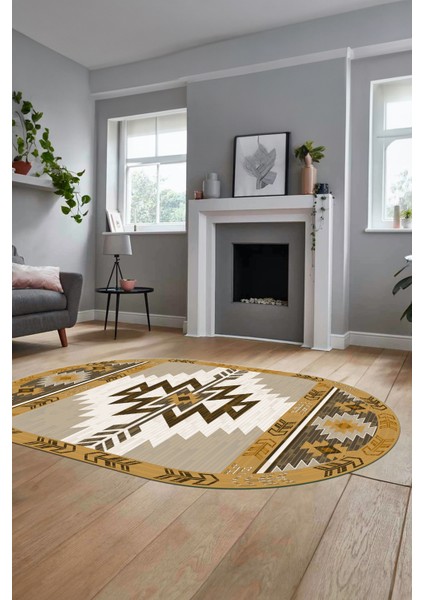 Etnik Desenli Dijital Baskılı Kaymaz Yıkanabilir Oval Yolluk Mutfak Salon Halısı, O-Etnik-05-Kahve, modelleri