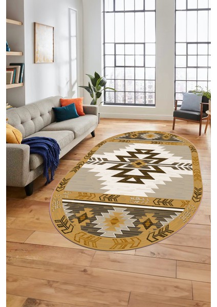 Etnik Desenli Dijital Baskılı Kaymaz Yıkanabilir Oval Yolluk Mutfak Salon Halısı, O-Etnik-05-Kahve, fırsatları