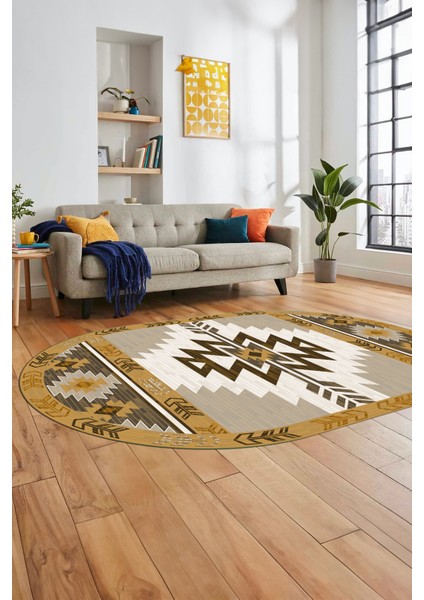 Etnik Desenli Dijital Baskılı Kaymaz Yıkanabilir Oval Yolluk Mutfak Salon Halısı, O-Etnik-05-Kahve, indirimleri