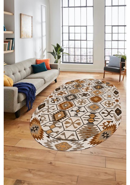 Dijital Baskılı Kaymaz Yıkanabilir Etnik Desen Oval Yolluk Mutfak Salon Halısı, O-Etnik-12-Kahve,