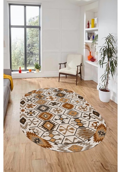 Dijital Baskılı Kaymaz Yıkanabilir Etnik Desen Oval Yolluk Mutfak Salon Halısı, O-Etnik-12-Kahve, modelleri