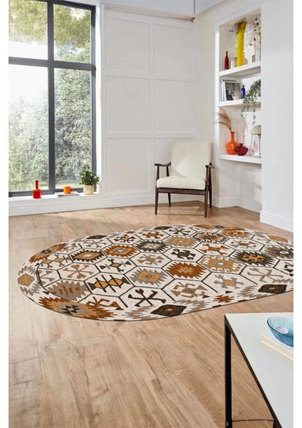 Dijital Baskılı Kaymaz Yıkanabilir Etnik Desen Oval Yolluk Mutfak Salon Halısı, O-Etnik-12-Kahve, fırsatları