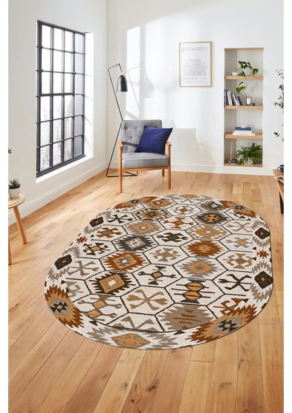 Dijital Baskılı Kaymaz Yıkanabilir Etnik Desen Oval Yolluk Mutfak Salon Halısı, O-Etnik-12-Kahve, indirimleri