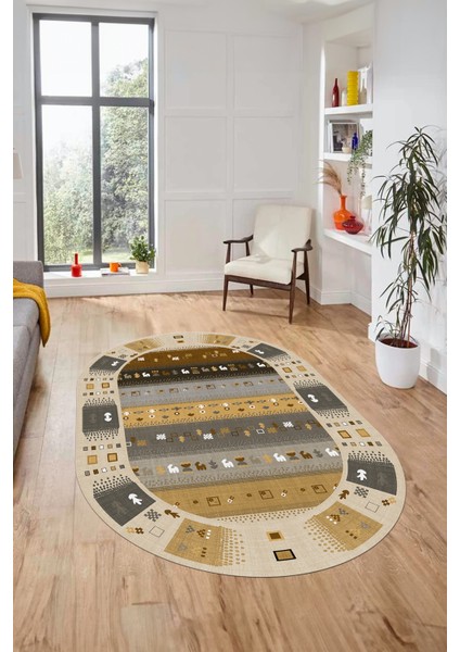 Dijital Kaymaz Yıkanabilir Motifli Etnik Desen Oval Yolluk Mutfak Salon Halısı, O-Etnik-15-Kahve, fiyatları