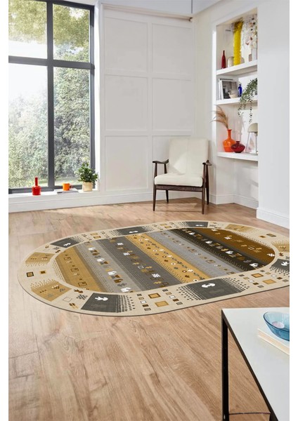 Dijital Kaymaz Yıkanabilir Motifli Etnik Desen Oval Yolluk Mutfak Salon Halısı, O-Etnik-15-Kahve, modelleri