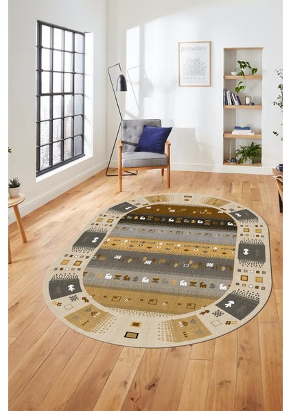 Dijital Kaymaz Yıkanabilir Motifli Etnik Desen Oval Yolluk Mutfak Salon Halısı, O-Etnik-15-Kahve, fırsatları