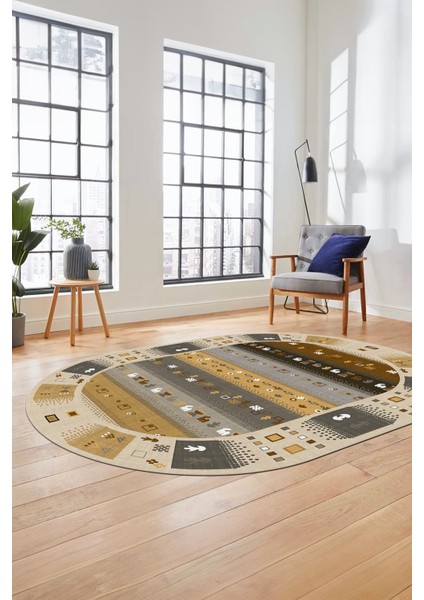 Dijital Kaymaz Yıkanabilir Motifli Etnik Desen Oval Yolluk Mutfak Salon Halısı, O-Etnik-15-Kahve, indirimleri