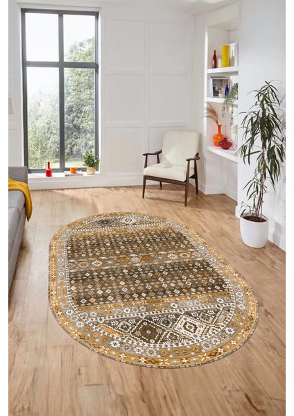 Yeni Tasarım Etnik Desenli Yıkanabilir Oval Yolluk Mutfak Salon Koridor Halısı, O-Etnik-17-Kahve,
