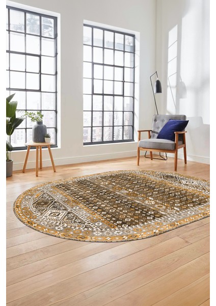 Yeni Tasarım Etnik Desenli Yıkanabilir Oval Yolluk Mutfak Salon Koridor Halısı, O-Etnik-17-Kahve, fırsatları