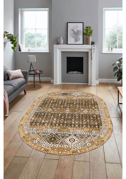 Yeni Tasarım Etnik Desenli Yıkanabilir Oval Yolluk Mutfak Salon Koridor Halısı, O-Etnik-17-Kahve, indirimleri