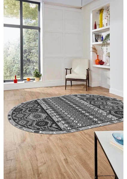 Dijital Kaymaz Yıkanabilir Şık Etnik Desenli Oval Yolluk Mutfak Salon Halısı, O-Etnik-13-Gri, fırsatları