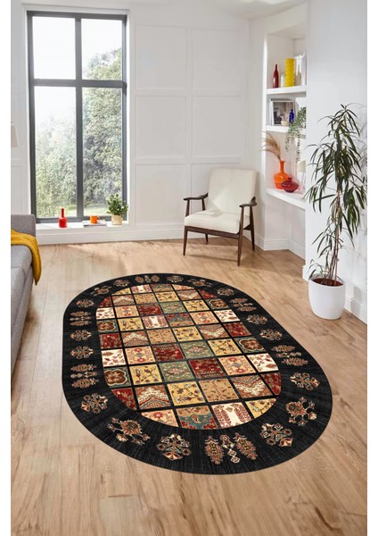 Yeni Etnik Desen Kaymaz Yıkanabilir Oval Yolluk Mutfak Salon Koridor Halısı, O-Etnik-18-Antrasit,