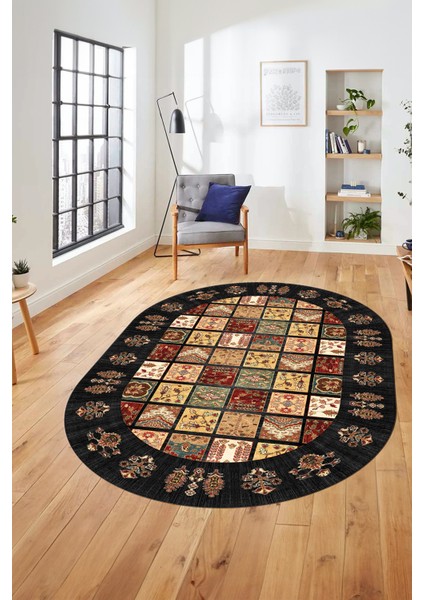 Yeni Etnik Desen Kaymaz Yıkanabilir Oval Yolluk Mutfak Salon Koridor Halısı, O-Etnik-18-Antrasit, modelleri