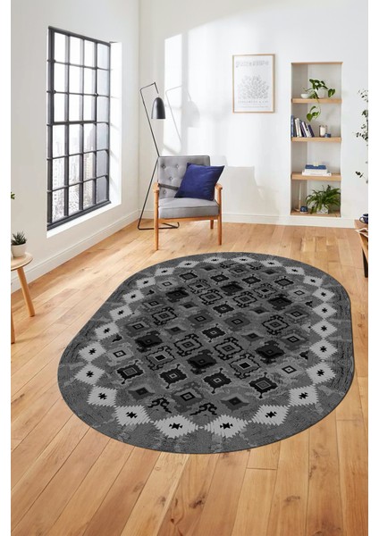 Sade Etnik Desen Kaymaz Yıkanabilir Oval Yolluk Mutfak Salon Koridor Halısı, O-Etnik-19-Gri,