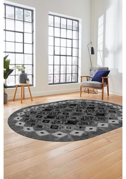 Sade Etnik Desen Kaymaz Yıkanabilir Oval Yolluk Mutfak Salon Koridor Halısı, O-Etnik-19-Gri,