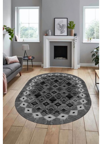Sade Etnik Desen Kaymaz Yıkanabilir Oval Yolluk Mutfak Salon Koridor Halısı, O-Etnik-19-Gri,