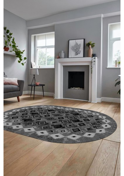Sade Etnik Desen Kaymaz Yıkanabilir Oval Yolluk Mutfak Salon Koridor Halısı, O-Etnik-19-Gri,